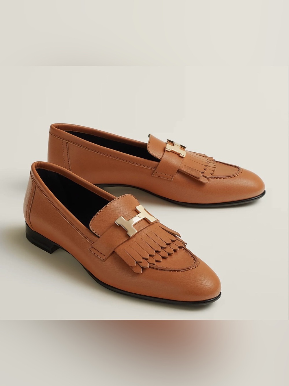 Hermes Tan Leather Fringe Royal Loafers for Women size 38